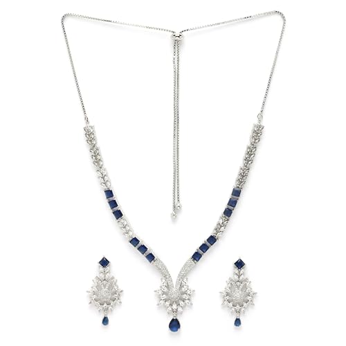 Image of ZENEME Rhodium Plated Brass Silver Toned Floral & Tear Drop Blue Crystal American Diamond Necklace With Earring Jewellery Set For Women
