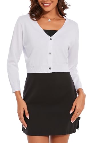 Women's Cropped Cardigan Sweater Crew Neck Button Down 3/4 Sleeve Soft Knit Bolero Shrugs