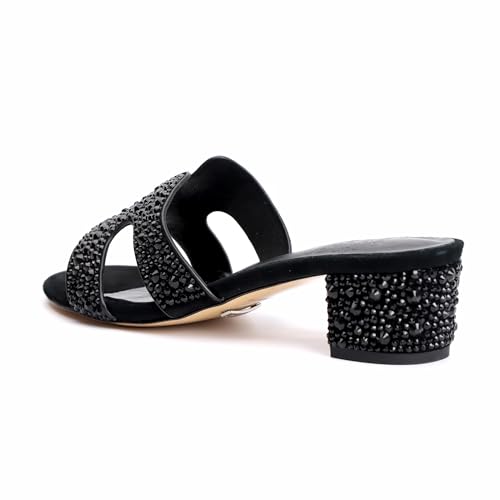 XOBZJH Evening Dress Shoes Rhinestone Black Block Heeled Sandals for Women 2025,Designer Luxury Crystals Slides H Sandals for Wedding Party Footwear3