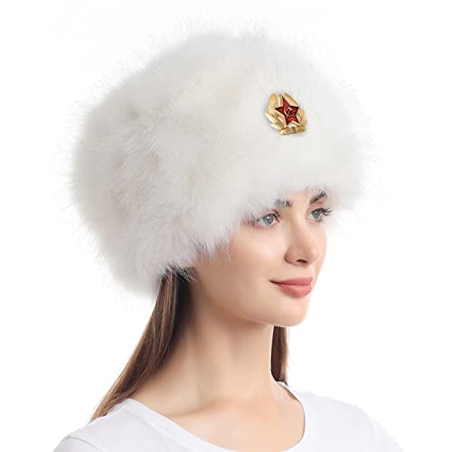 LA CARRIE Women's Faux Fur Hat for Winter with Stretch Cossack Russion Style White Warm Cap