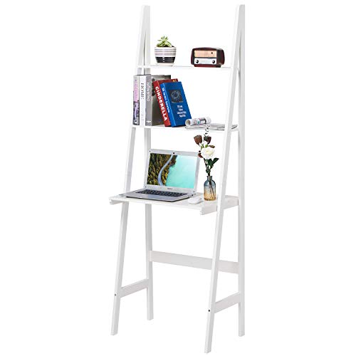 Itaar 3-Tier Ladder Desk, Ladder Stand Shelf Bookcase with Storage Shelves, Study Wall Shelf with Wooden Frame, Modern Ladder Computer Desk and Bookshelf for Home Office, White