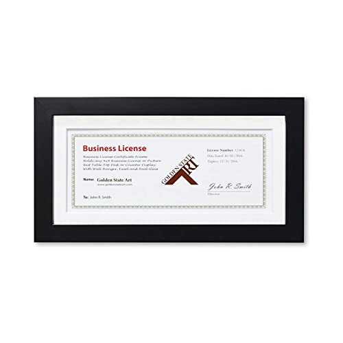 Golden State Art, 5x10 Wood Frame for 4x9 Business License Certificate with White Mat & Table-top Display, Black
