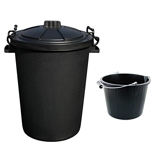 M1SS (Set of 2) 50L Litre Heavy Duty Clip Lock Lid Rubbish Bin, Trash Can, Dustbin,Storage Animal Feed with 3 Gallon 14 Litre Plasters Builder Bucket Water Mixing Storage With Measuring Guide(Black)
