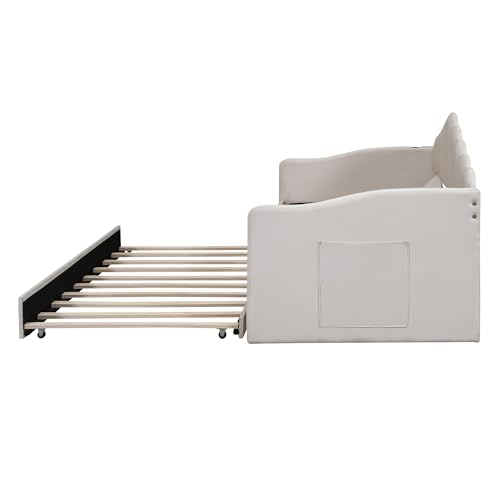 Merax Twin Daybed with Trundle, Velvet Upholstered Sofa Bed Frame with USB Ports, Pull-Out Guest Bed for Small Spaces with Storage Pockets, No Box Spring Required, Beige by Merax - Used condition - Image 7