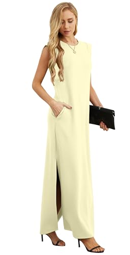 Image of GRECERELLE 2026 Women Year-Round Casual Round Neck Loose Split Wrinkle-Free Long Maxi Vacation Dress with Pockets (XXS-4XL)
