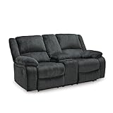 Signature Design by Ashley Draycoll Contemporary Reclining Loveseat with Storage Console and Cup Holders, Pull Tab Reclining, 21' Seat Height, Dark Gray