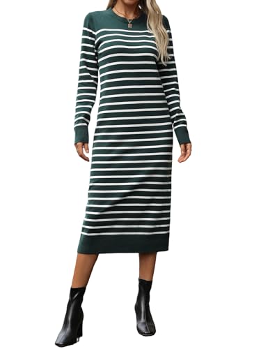 Image of Long Sweater Dress for Women Loose Knitwear Striped Long Dresses Stylish Autumn and Winter Outfits