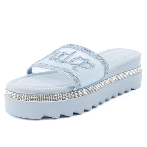 Juicy Couture Women's Platform Slide Sandals – Rhinestone Slip-On Wedge Slides with Cushioned Footbed and Non-Slip Sole for Casual or Dressy Wear-Tella-Light Blue, Size 9