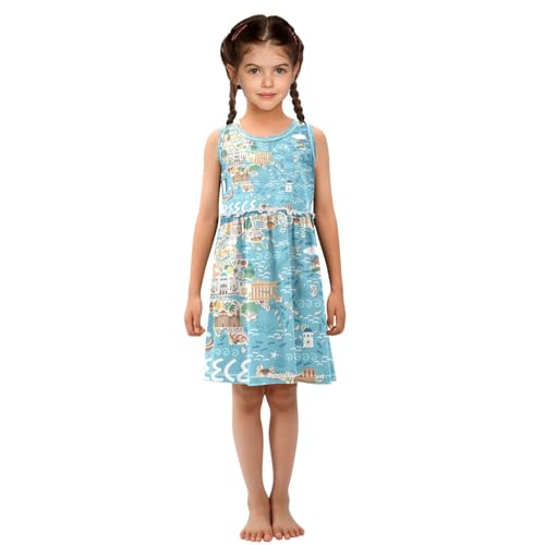 Girls Greece Map Tropical Dress Sleeveless Dress Summer Cotton Sundress 2T4
