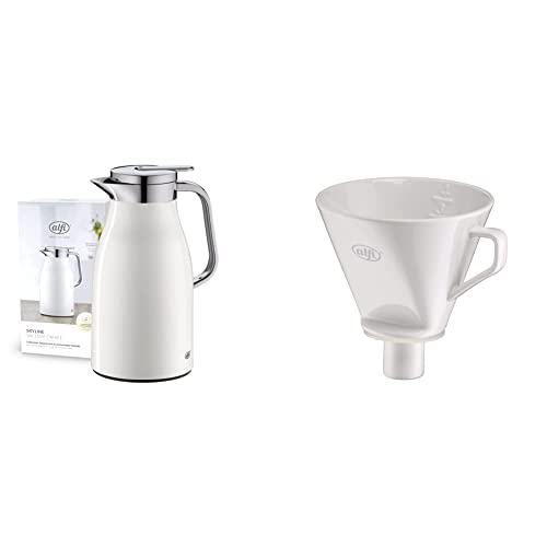 alfi SKYLINE 1,0l, coconut white mat, Edelstahl-Isolierkanne & AROMA PLUS, weiß, Kaffeefilter aus Porzellan, für Filterpapier Größe 4, Handfilter für Thermoskanne, wiederverwendbar, spülmaschinenfest