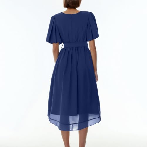 Dresses for Women UK, Women's Floral Print Chiffon A-Line Midi Dress Short Sleeve V Neck Tie Waist Casual Flowy Evening Dresses for Special Occasions Wedding Guest Personalised Gifts,Blue,L,u762k