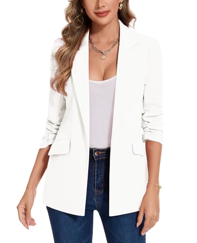MINTLIMIT Women Notched Lapel Open Front Blazer 3/4 Ruched Sleeve Jacket Suit Work Office (White XXL)