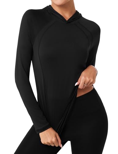 Terecey Camisetas Deportiva Mujer de Manga Larga UPF 50+ Top Transpirable con Capucha de Secado Rápido