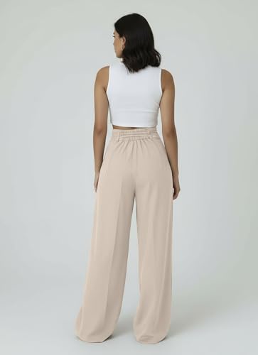 Image of Aahwan OffWhite Solid High Fabric Belt Waist Straight Korean Loose Pleated Wide Leg Trouser for Women's & Girl's