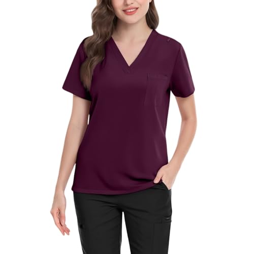 Image of FONMA Scrub Tops Women Plus Size Stretchy V-Neck Scrub Shirts with 4 Pockets Breathable Short Sleeve Nurse Uniforms