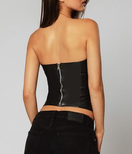 Women PU Leather Strapless Tube Top Ruched Cut Slim Sleeveless Ripped Bandeau Cropped Camisole Corset Shirts Zip Up Back Y2K2