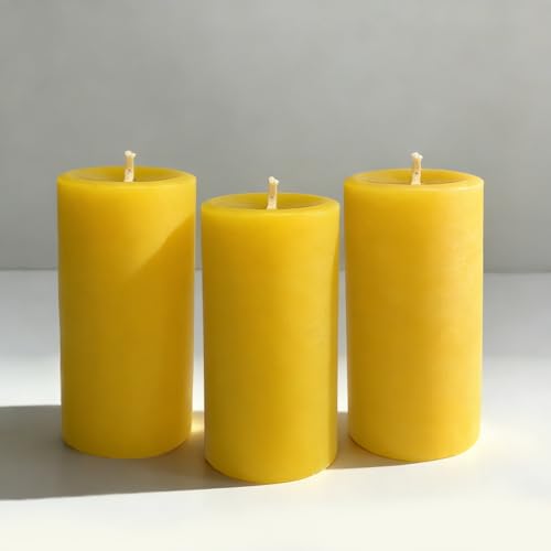 Kissingfish Beeswax Pillar Candles Set of 3, Natural Bees Wax Candle for Home, Up to 120 Hour Burn...