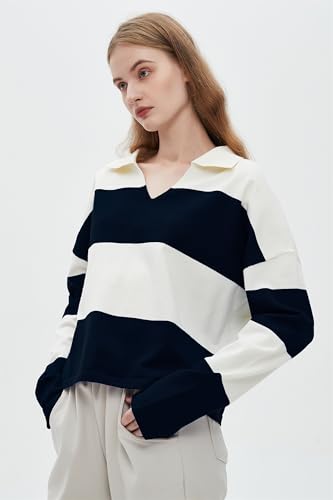 LifeShe Striped Sweater Women V Neck Long Sleeve Pullover Fall Sweaters Loose Oversized Knit Top3