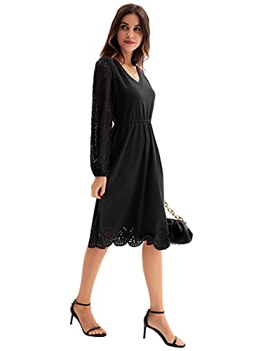 Women's Vintage Floral Lace Long Sleeve V Neck A Line Cocktail Party Swing Dress with Pockets Black 2XL