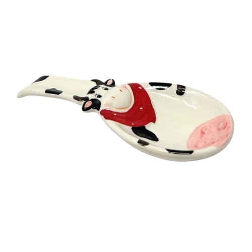Ceramic Red Ribbon Cow Spoon Rest for Tables, Kitchen, and Restaurant, Painted a Cute Cow Illustration, a Great Complement to Any Kitchen Décor (1 Pack)