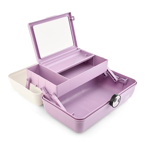 Image of Caboodles School Spirit On-The-Go Girl Makeup Box, White Over Lavender, Hard Plastic Makeup Organizer Box, Built-In Mirror, Secure Latch for Safe Travel, Spacious Storage for Large Items