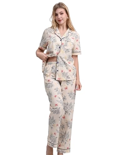 Image of NAP BOUND 100% Cotton Women's Pajama Sets Short Sleeve Button Down Soft Pjs 2 Piece Lounge Set with Pocket Nightwear XS-XXL