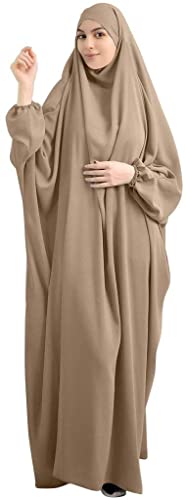 BOJON Muslimisches Einfarbig Damen Lose einteiliges Gebetskleid Full Cover Hooded Islamic Abaya Kaftan mit Hijab konservative Kleidung Gebetskleid den Ramadan für Ethnische Abend Party (Khaki)