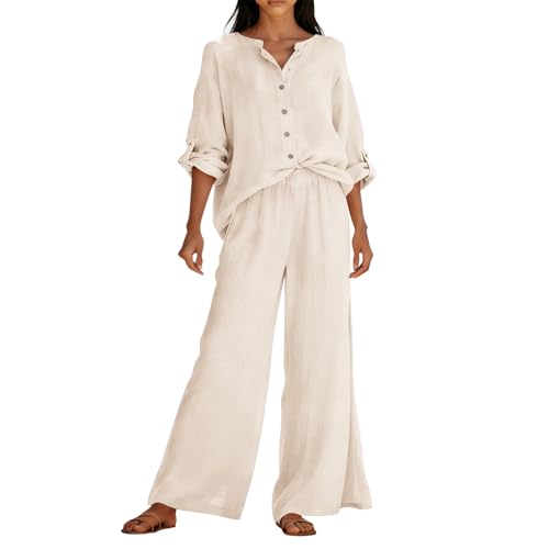 Ensemble 2 pièces en lin pour femme avec un haut léger et un pantalon décontracté grandes tailles