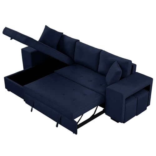Image of FURNY Holland 6 Seater Fabric LHS L Shape Pull Out Sofa Cum Bed with Storage & 2 Puffy for Living Room (Blue)