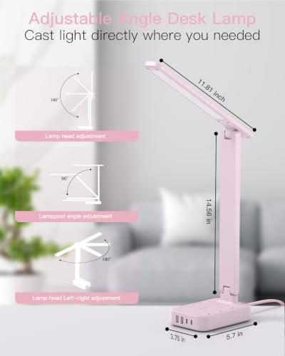 Image of Addtam LED Desk Lamp, Power Strip with 3 Outlets 4 USB Charging Ports(2 USBC), 4 Modes 5 Level Brightness Touch Lamp, Small Desk Lamp for Home Office College Dorm Room Essentials, Pink