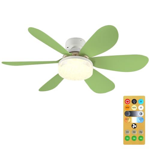 RuiDay Ventilador de techo con luz, 52cm 40W Luz de Ventilador de techo en forma de flor LED, Con mando a distancia, base E27, 3 tonos, brillo Regulable,Tres velocidades del viento (Verde)