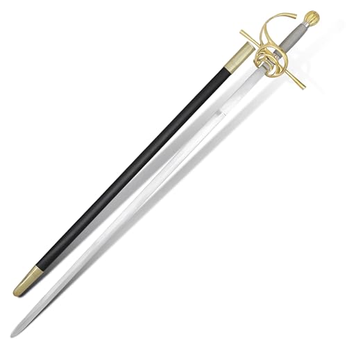 Armory Replicas™ Elegant Brass Hilted Swept Rapier with Polished EN45 Steel Blade, Full Tang, Sharpened Edge, Leather Scabbard