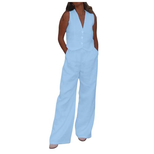 Ensemble coton et lin femme vêtement été décontracté chic pantalon large et haut fluide col V