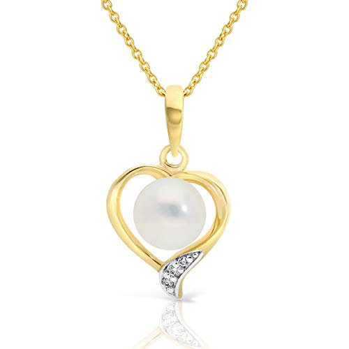 Planetys - Collier Coeur Perle de Culture et Diamants en Or jaune 9 carats (375/1000) - Longueur 42-45 cm