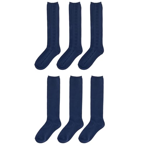 Legwear Essentials Girls 6 Pack Unisex Soft Uniform Cable Dress Knee High Socks Comfort Seam Toe White or Navy Small to Large3