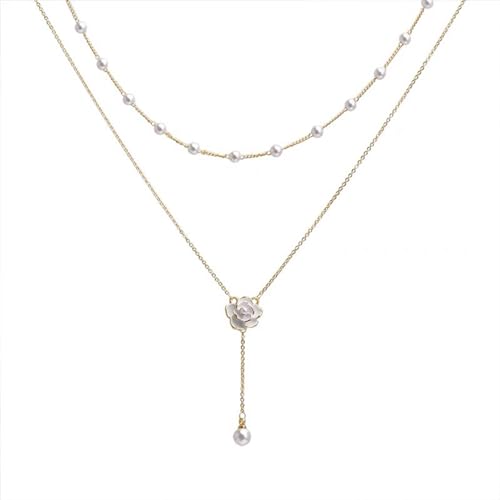 Crymystal Boho Pearl Drop Necklace For Women Layered White Flower Pendant Necklace Pearl Y Necklace Chain Flower Y Lariat Necklace Pearl Y Drop Chain Necklace Gold Pearl Bead Necklace Jewelry For Girls thumb #3