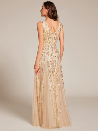 Image of Ever-Pretty Women's Prom Dresses V Neck Sleeveless Tulle Hem A-Line Sequins Maxi Ball Gowns 02130