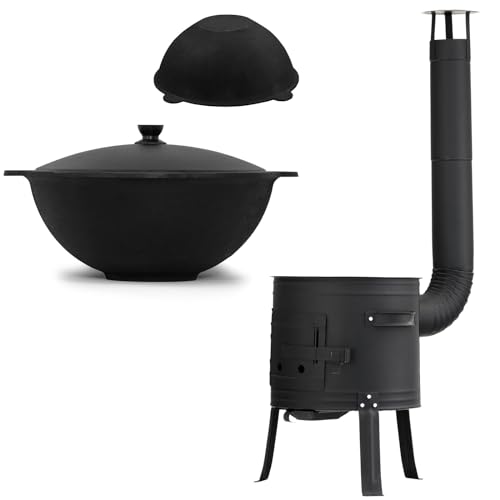 Utschak Ø 45 cm avec tuyau d'évacuation de 22 l Kazan eben Uchag Four de camping Poêle à feu...