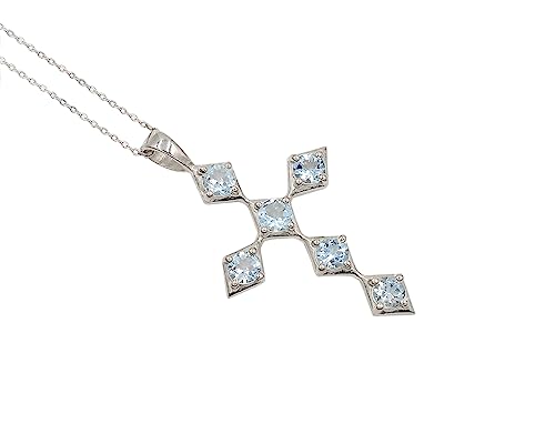 Natural 5 MM Round Aquamarine Gemstone Holy Cross Pendant Necklace 925 Sterling Silver March Birthstone Aquamarine Jewelry Bridal Necklace Gift For Her (PD-8565)