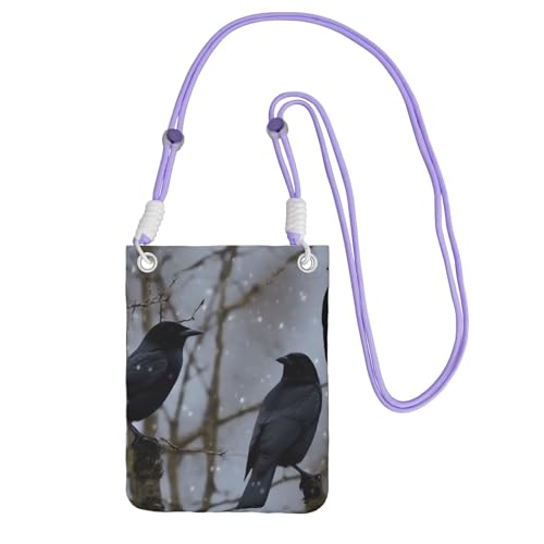 Sac à main avec bandoulière violette et pochette téléphone femme motif corbeau noir
