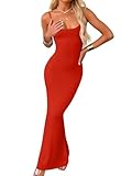 LAGSHIAN Women's Summer Casual Slip Maxi Dress Sexy Spaghetti Strap Bodycon Long Dresses Red