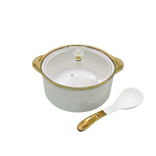 Soupe en céramique avec couvercle en verre et cuillère, bols à soupe en porcelaine avec couvercle, blanc, rond, 2,5 litres (type 1)