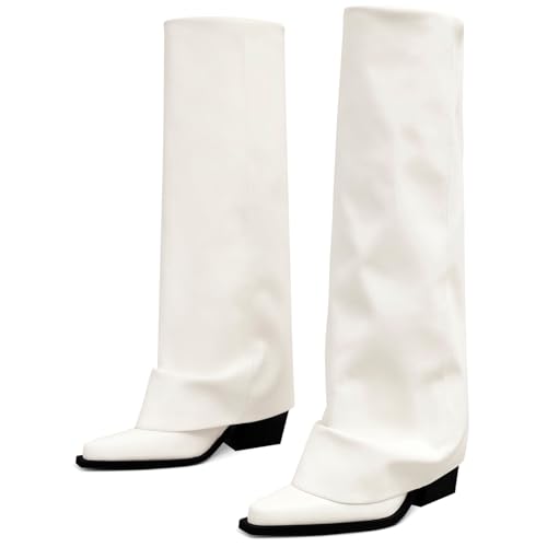Image of Women's Fold Over Knee High Boots Wide Calf Chunky Heel Long Boots
