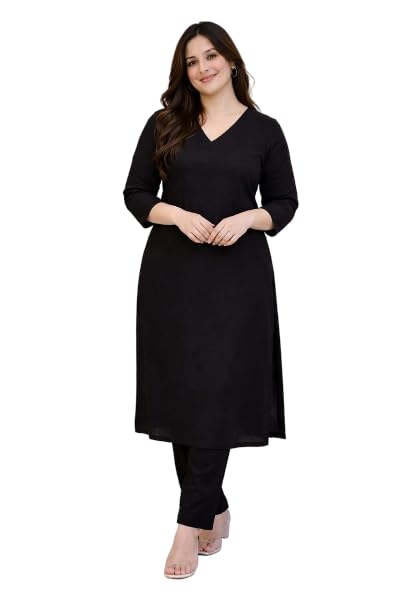 Women's Solid Rayon Kurta Pant Set, V Neck, 3/4 Sleeve, Plain Design-picture-21