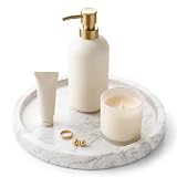 WORHE Natural Marble Decorative Tray for Bathroom Bedroom Kitchen Dresser, Round Vanity Trays for Jewelry, Perfume, Cosmetic, Candle, Countertop Storage Organizer for Home Decor Color White (TP601)