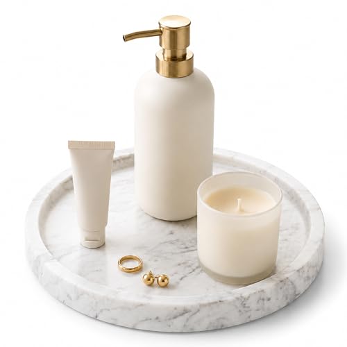 WORHE Natural Marble Decorative Tray for Bathroom Bedroom Kitchen Dresser, Round Vanity Trays for Jewelry, Perfume, Cosmetic, Candle, Countertop Storage Organizer for Home Decor Color White (TP601)