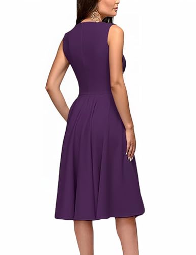 Image of FENJAR Women's Elegance Audrey Hepburn Style Ruched Dress Round Neck Sleeveless Swing Midi A-line Dresses (US, Alpha, Small, Regular, Regular, Purple)