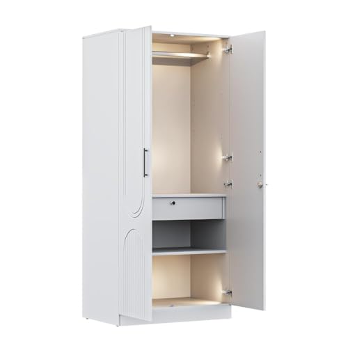 Image of Wakefit Wardrobe for Bedroom | 3 Yr Warranty | Cupboard for Bedroom, Almirah, Wooden Wardrobe, Comes with LED light, Multi-Shelves, Drawer & Hanger, Density:680-750 kg /m, Free Installation(Tyrian-FW)