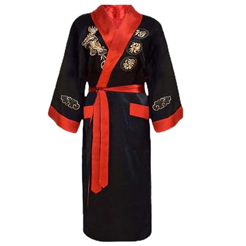 Mens Silk Kimono Robe Reversible Silk Bathrobes Chinese Dragon Kimono For Men with Belt