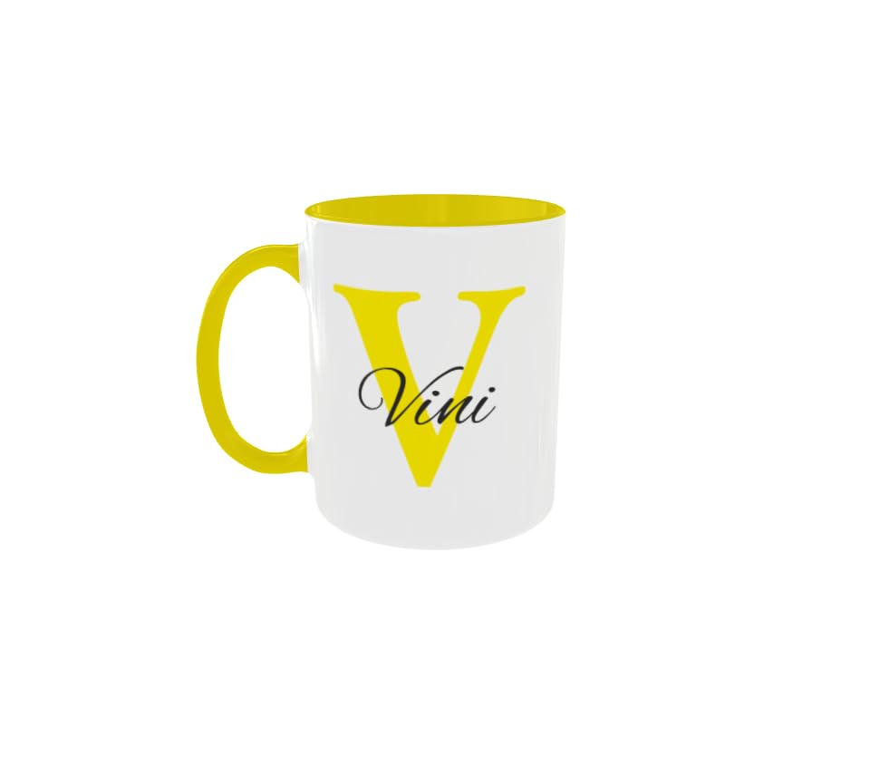 C&P Taza Personalizada blanco brillo con asa e interior color, con Inicial y Nombre de cerámica 350 ML (AMARILLO)